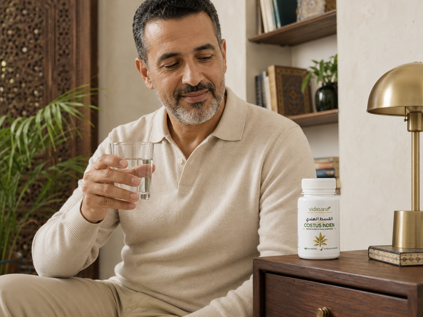 Homme avec un verre d’eau et le flacon Vidasana posé naturellement à côté de lui